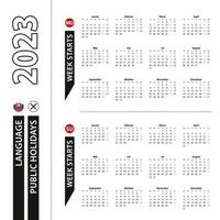 Two versions of 2023 calendar in Slovak, week starts from Monday and week starts from Sunday. vector