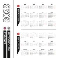 Two versions of 2023 calendar in Slovak, week starts from Monday and week starts from Sunday. vector