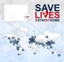 mapa mundial con casos de coronavirus enfocados en tonga, enfermedad covid-19 en tonga. el eslogan salva vidas con la bandera de tonga. vector