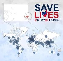 mapa mundial con casos de coronavirus enfocados en samoa, enfermedad covid-19 en samoa. eslogan salva vidas con la bandera de samoa. vector