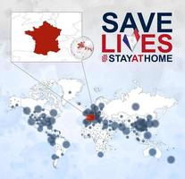 mapa mundial con casos de coronavirus enfocados en francia, enfermedad covid-19 en francia. el eslogan salva vidas con la bandera de Francia. vector