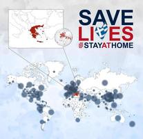 mapa mundial con casos de coronavirus enfocados en grecia, enfermedad covid-19 en grecia. el eslogan salva vidas con la bandera de Grecia. vector