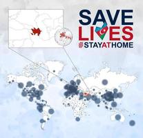 mapa mundial con casos de coronavirus enfocados en azerbaiyán, enfermedad covid-19 en azerbaiyán. el eslogan salva vidas con la bandera de azerbaiyán. vector