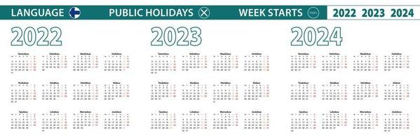 plantilla de calendario simple en finlandés para 2022, 2023, 2024 años. la semana comienza a partir del lunes. vector