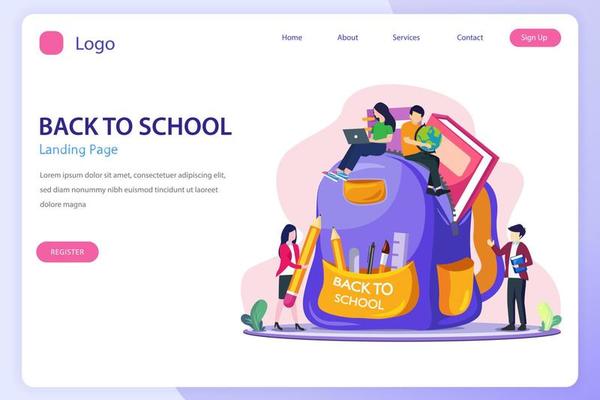 students are preparing to back to school with giant school backpack with supplies. Flat vector template Style Suitable for Web Landing Page.