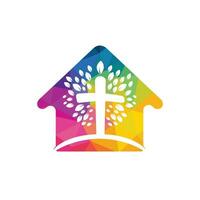 Abstract home and tree religious cross symbol icon vector design. Prayer tree and home vector logo design template.