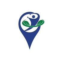 Healthy man and leaves GPS shape figure vector logo design. Ecological and biological product concept sign.