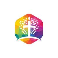 Tree religious cross symbol icon vector design. Prayer tree vector logo design template.