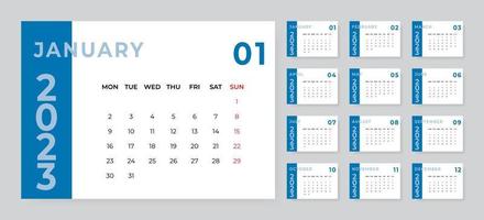 Monthly desk calendar template for 2023 year. Week starts on Monday vector