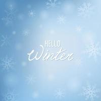 Quote Hello Winter on blur blue background for social media template. Hand drawn gradient vector illustration for winter design with snowflakes.