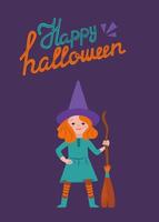 Happy halloween card design with witch little girl vector illustration
