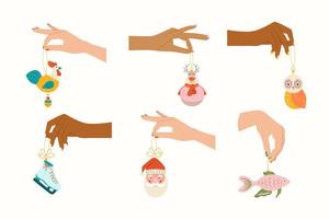 Christmas vector card with hands and winter festive decorations. Flatlay illustrations. New year happy background