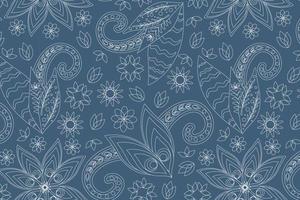 Seamless pattern based on an ornament with a Paisley bandana print, white contours on a blue background vector