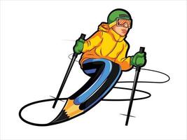 Cartoon scene - on the ski having fun in the mountains graphics vector t-shirt design