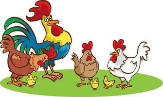 gallina adulta y gallo con pollos sobre un fondo blanco. linda familia de pollos con sus pollos al estilo de las caricaturas. vector