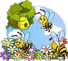 cute bees collect honey from flowers vector