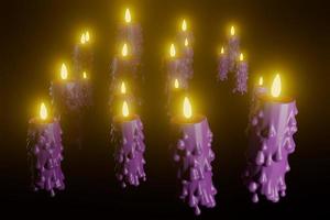 quemando velas moradas para halloween 3d render. foto