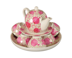 eine Vintage orientalische Teekanne aus Keramik und Tassen, die auf einem weißen Hintergrund isoliert sind png