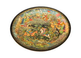 A top view of an oriental ceramic plate depicting a war scene on a white background, Uzbekistan png