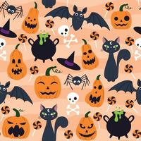 patrón de halloween con diferentes calabazas, gato, murciélago, calavera vector