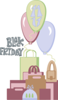 Shopping bags and boxes are stacked next to balloons tied to them. Black Friday. 11 11 png