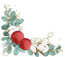 dibujo de acuarela. composición navideña, un ramo de hojas de eucalipto, algodón y bolas rojas navideñas. Hojas doradas vector