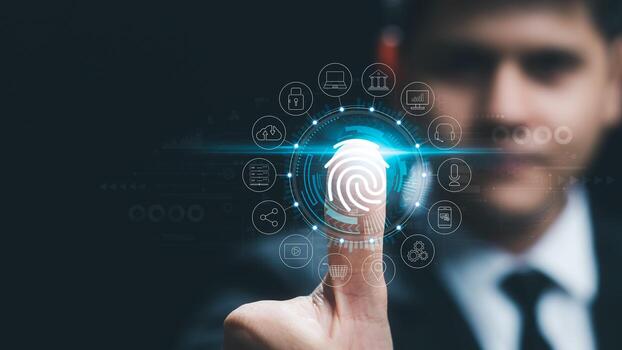 seguridad de la tecnología y la cibernética del futuro en Internet, el escaneo de huellas dactilares permite el acceso a la seguridad y la identificación de grandes empresas de datos, bancos y computadoras en la nube. foto