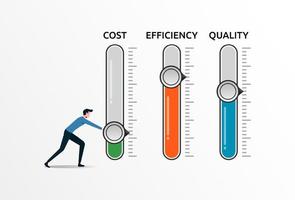 Level control of quality efficiency cost concept. Business cost optimization with a man adjust level for cost, efficiency and quality. Development and growth business vector