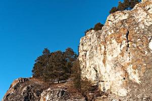 mountain landscape with cliffs against a blue sky. Rocks with pine trees, scenic nature photo