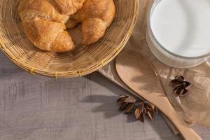 Top view of croissant in the basket, a cup of milk, wooden spoon photo