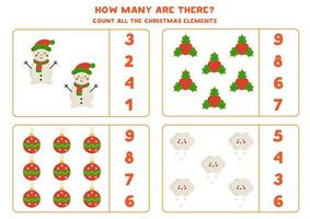 Counting game with cartoon winter elements. Educational worksheet. vector