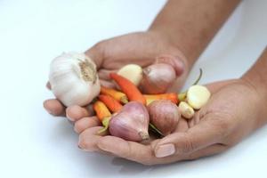 Close Up Various kinds of kitchen spices, chilies, onions and garlic are in hand photo