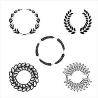 Set of black and white silhouette circular laurel foliate and oak wreaths depicting an award, achievement, heraldry, nobility. Vector illustration.