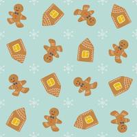 Cute winter pattern with gingerbread man and home and snowflakes. Cute Christmas and New Year print. Seasonal traditional pastry. Flat style hand drawn vector illustration.