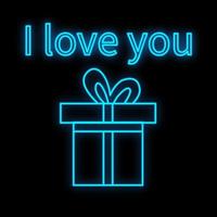 Bright luminous blue festive digital neon sign for a store or card beautiful shiny with a love gift box on a black background and the inscription I love you. Vector illustration