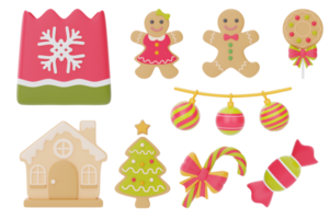 colección de decoraciones de navidad y año nuevo. conjunto de adornos 3d para diseño navideño aislado sobre fondo blanco. representación 3d png