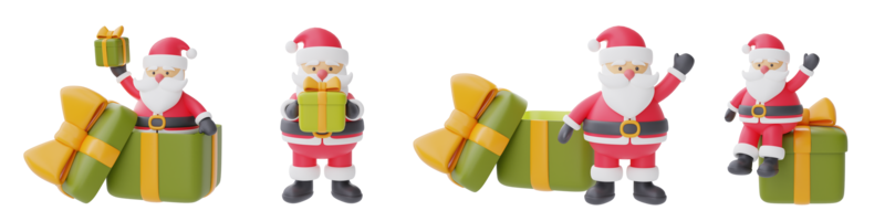 satz von 3d-zeichentrickfigur weihnachtsmann mit geschenkboxen für weihnachtsdesign lokalisiert auf weißem hintergrund. 3D-Rendering. png