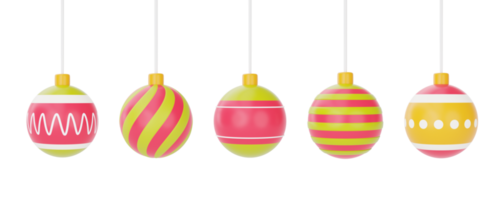 juego de bolas ornamentales 3d colgando de la cinta para el diseño de navidad aislado sobre fondo blanco. representación 3d png