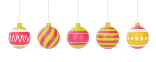 conjunto de bolas ornamentais 3d penduradas na fita para o projeto de natal isolado no fundo branco. renderização 3D. png