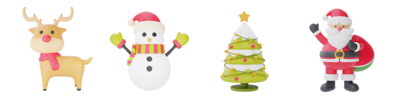 conjunto de personaje de dibujos animados 3d santa claus, muñeco de nieve, reno y pino para el diseño de navidad aislado sobre fondo blanco. representación 3d png