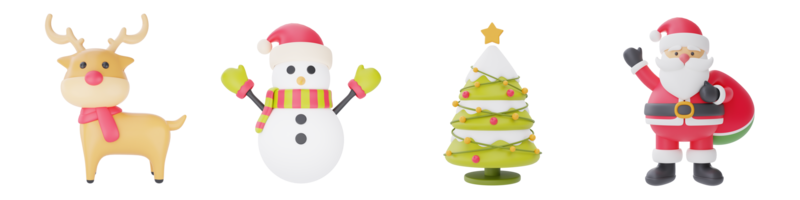 ensemble de personnage de dessin animé 3d père noël, bonhomme de neige, renne et pin pour la conception de noël isolé sur fond blanc. rendu 3d. png