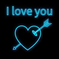 Bright luminous blue festive digital neon sign for a store or card beautiful shiny with a love heart with Cupid's arrow on a black background and the inscription I love you. Vector illustration