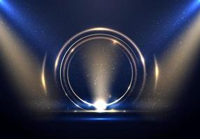 Abstract golden ring circles lighting effect backdrop with spotlight on blue stage background vector