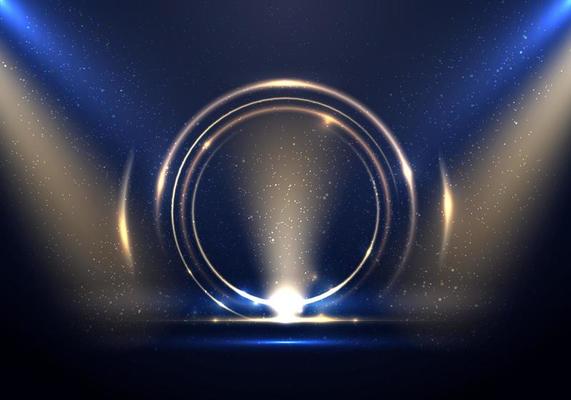 Abstract golden ring circles lighting effect backdrop with spotlight on blue stage background