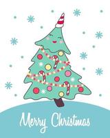 Greeting card with cute Christmas tree in kawaii style for holiday design isolated on white background. Vector illustration.