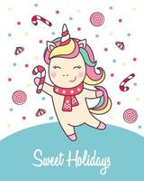 Greeting holiday card with cute Unicorn with candy cane and lollipops for Merry Christmas and New Year design isolated on white background. Vector illustration.