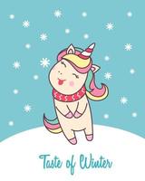 Greeting holiday card with cute Unicorn catching snowflakes for Merry Christmas and New Year design. Vector illustration.