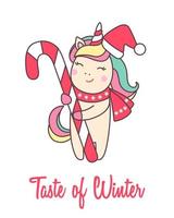 tarjeta de felicitación de vacaciones con lindo unicornio en sombrero de santa claus con bastón de caramelo para feliz navidad y año nuevo diseño aislado sobre fondo blanco. ilustración vectorial vector