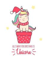 Greeting holiday card with cute Unicorn in Santa Claus hat with gift for Merry Christmas and New Year isolated on white background. Vector illustration.