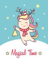 Greeting holiday card with cute Unicorn with deer horns and jingle bell for Merry Christmas and New Year design. Vector illustration.